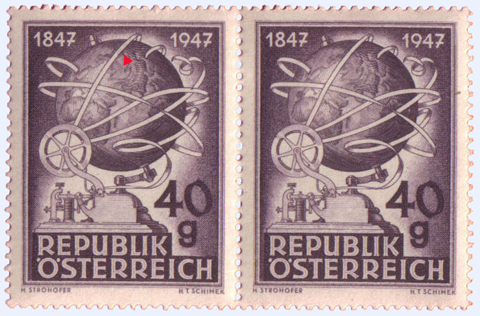 Österreich, Briefmarke aus 1947, "100 Jahre Telegraphie in Österreich", Morsezeichene links im Band oben