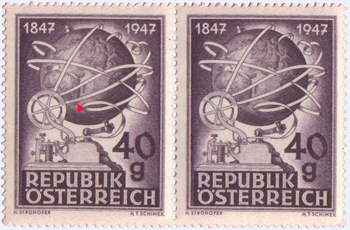 Österreich, Briefmarke aus 1947, "100 Jahre Telegraphie in Österreich", Morsezeichen links im Band unten